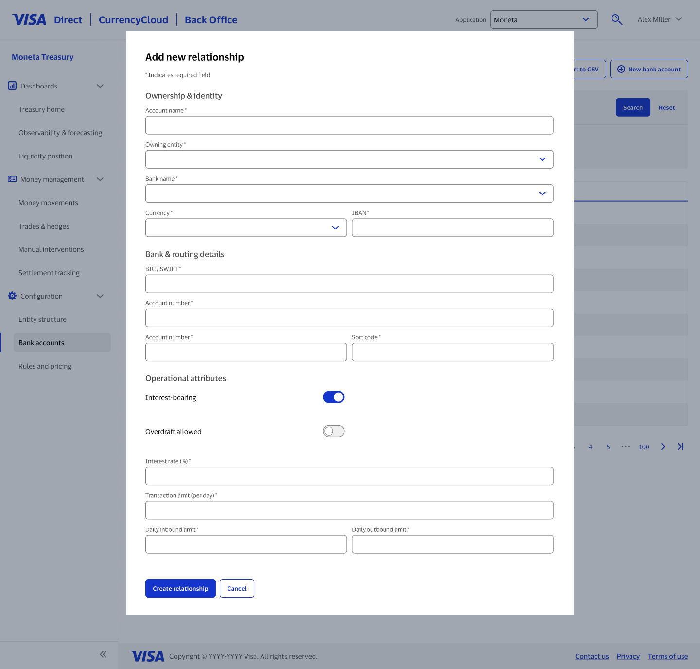 Production: bank account form, interest-bearing configuration
